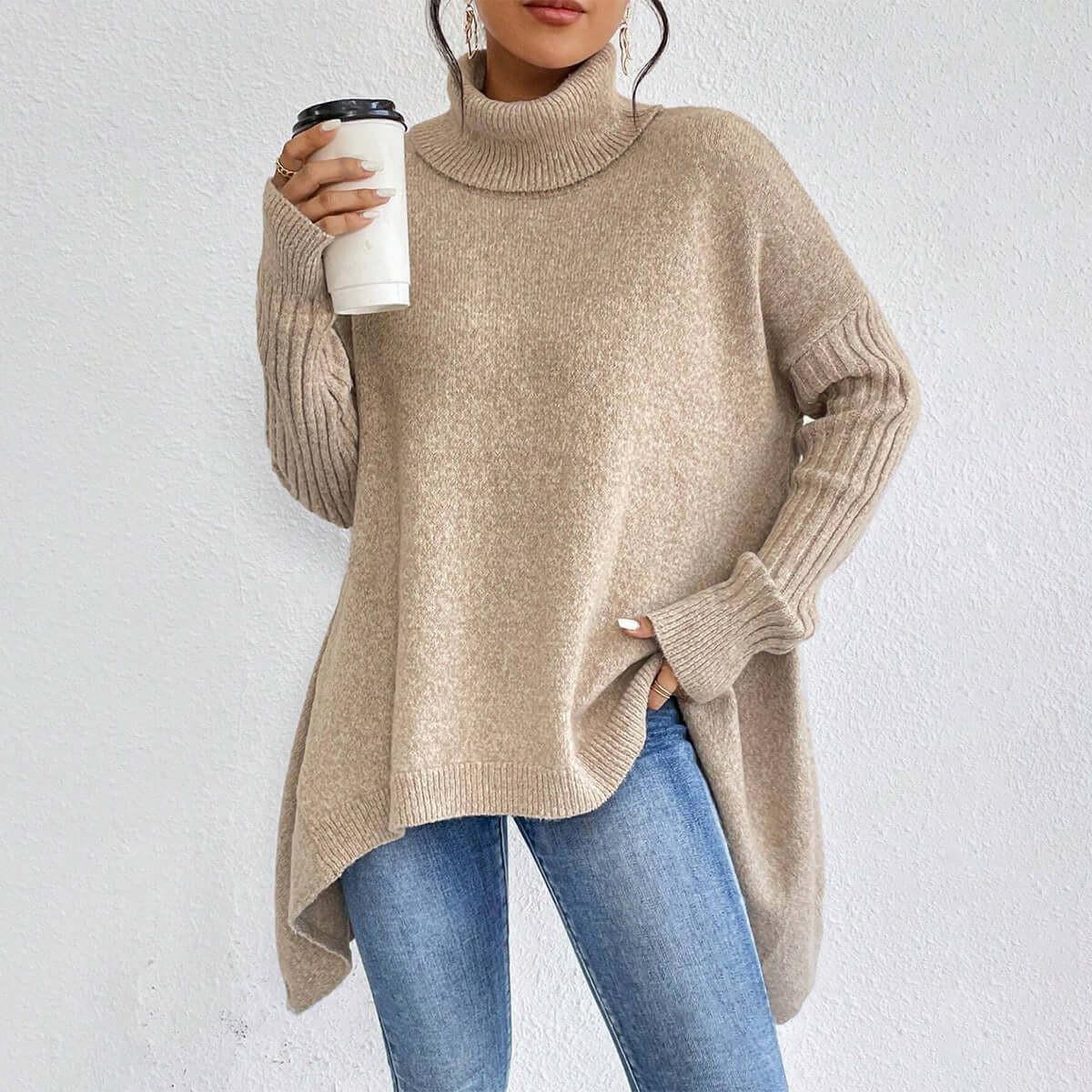 Irregular Turtleneck Sweater Winter Loose Long Sleeve Knitted Tops Leisure Warm Pullover Sweater Women&