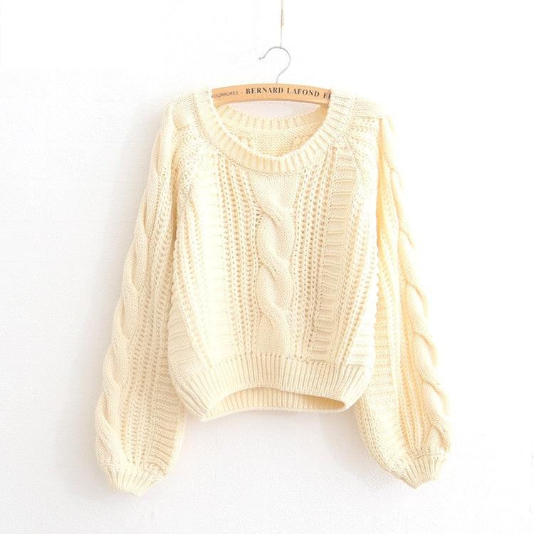 Pullover Loose Thick Line Short Puff Sleeve Sweater.