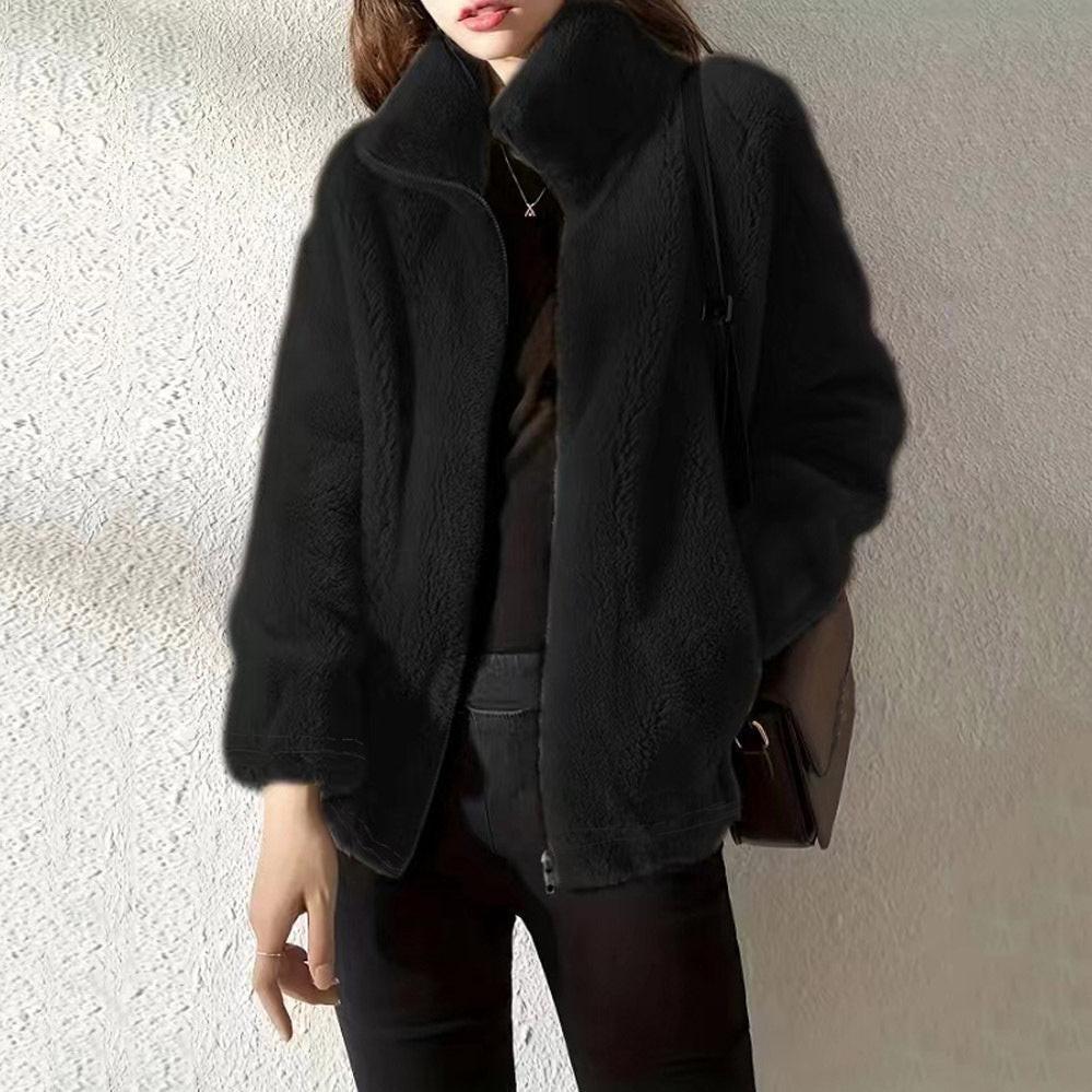 Double Faced Fleece Warm High Neck Sweater Women Cardigan.