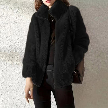 Double Faced Fleece Warm High Neck Sweater Women Cardigan.