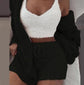 3pcs Womens Clothing Long Sleeve Crop Tank Top And Drawstring Shorts Pajama Set.
