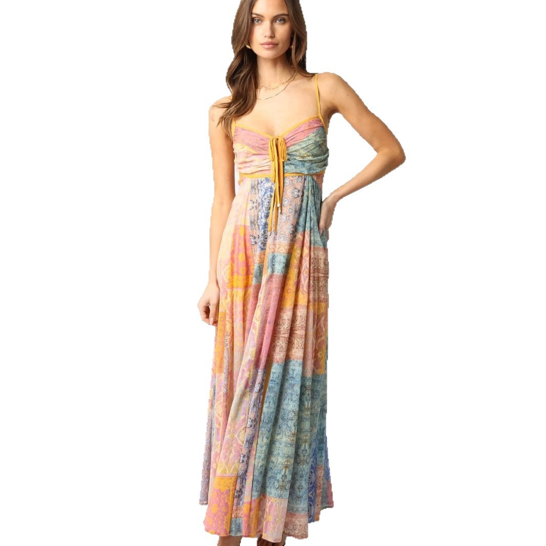 V-neck Printed Lace-up Loose Sleeveless Sling Dress