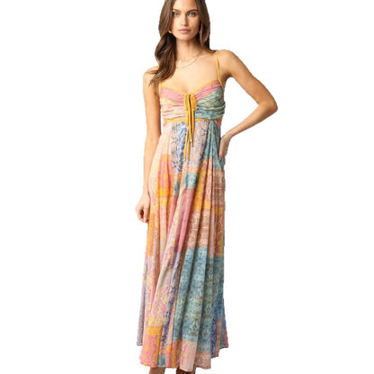 V-neck Printed Lace-up Loose Sleeveless Sling Dress