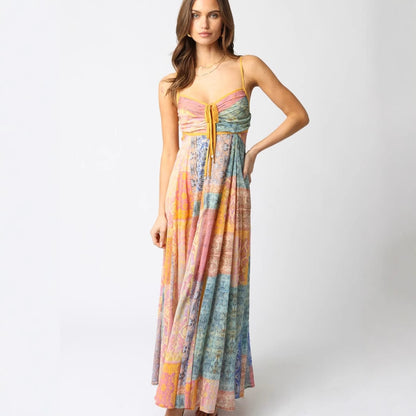 V-neck Printed Lace-up Loose Sleeveless Sling Dress