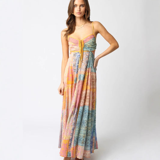 V-neck Printed Lace-up Loose Sleeveless Sling Dress