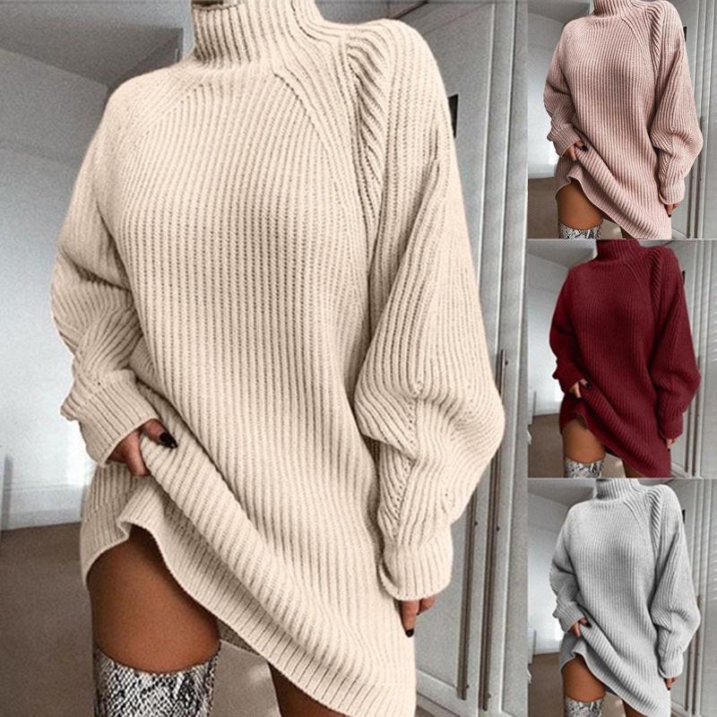 Solid Turtleneck Long Sweater Winter Warm Women Sweater Dress.
