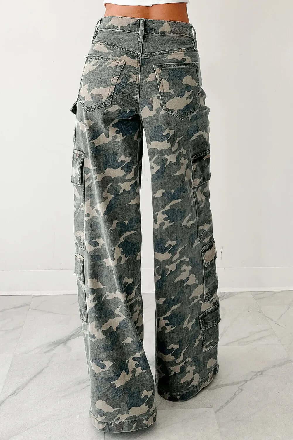 Stylish green camo denim cargo pants showcasing rugged durability and contemporary urban fashion.
