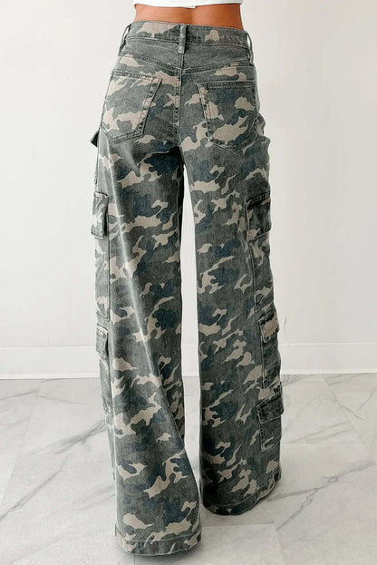 Stylish green camo denim cargo pants showcasing rugged durability and contemporary urban fashion.