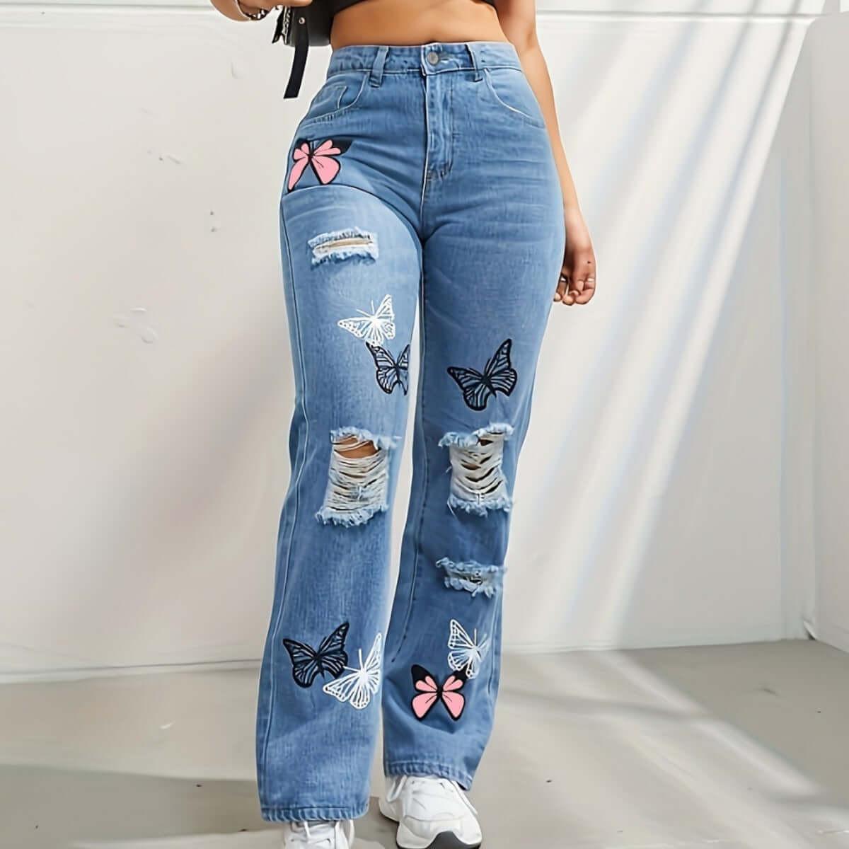High Waisted Straight Leg Jeans For Women Trendy Butterfly Print Ripped Distressed Denim Pants.