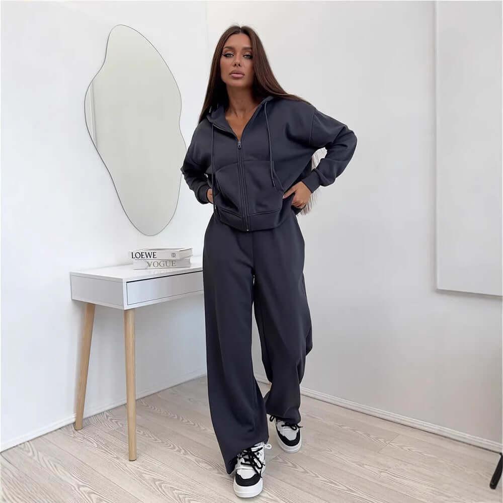 European And American Solid Color Long Sleeve Zipper Cardigan Hoodie Lace-up Trousers Two-piece Set.