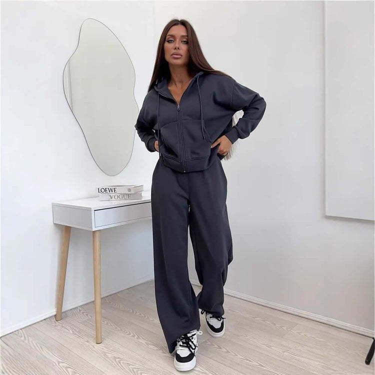 European And American Solid Color Long Sleeve Zipper Cardigan Hoodie Lace-up Trousers Two-piece Set.