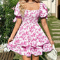 Women's Puff Sleeve Square Neck Smocked Dress Boho Floral Print Off Shoulder Ruffle Mini Short Dress