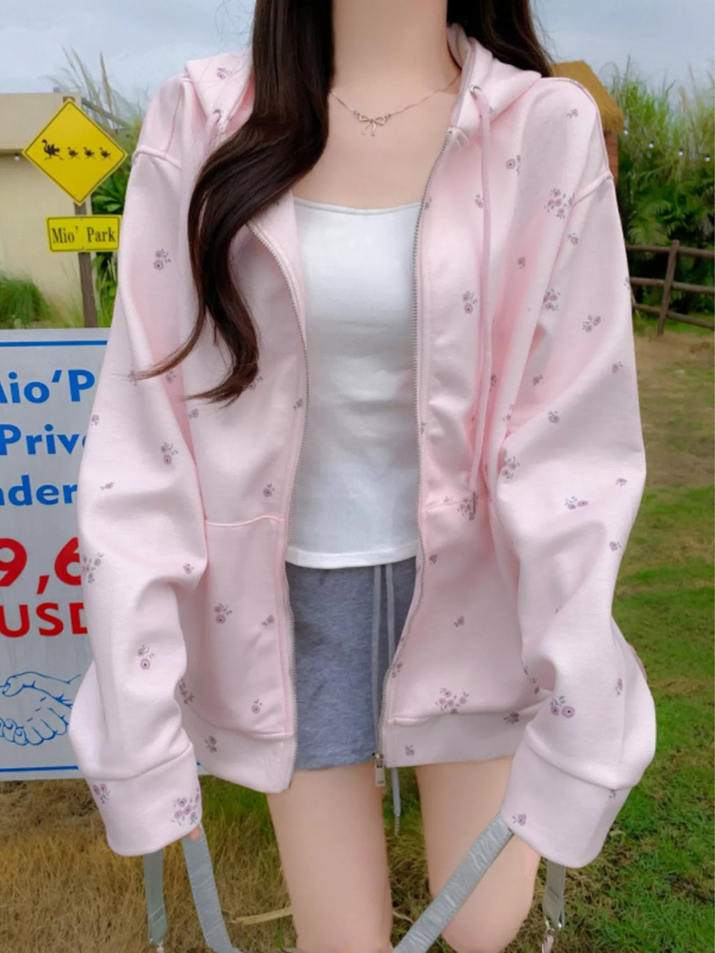 Floral Print Zip-Up Hoodie.