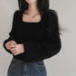 , Idle Style Solid Color Lantern Sleeve Square Collar Pullover Sweater.