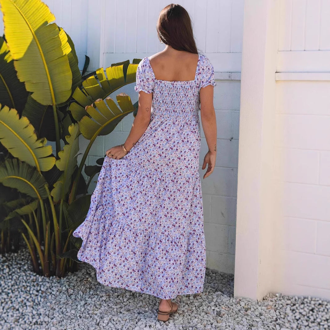 Fashion Smocking Printed Pocket Women's Dress