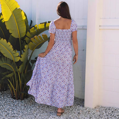 Fashion Smocking Printed Pocket Women's Dress
