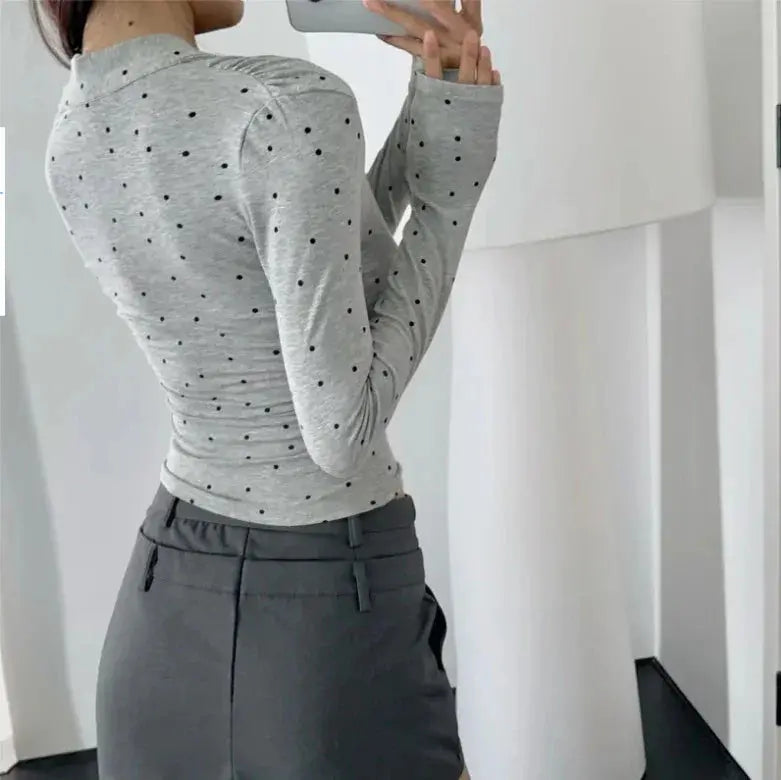 Women's Polka Dot Print Swing Collar Lace-up Long Sleeve