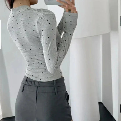 Women's Polka Dot Print Swing Collar Lace-up Long Sleeve