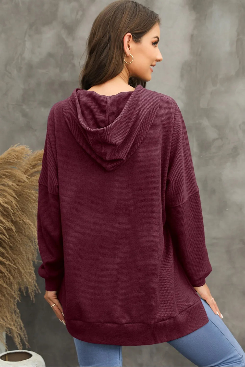 Waffle-Knit Long Sleeve Hoodie.