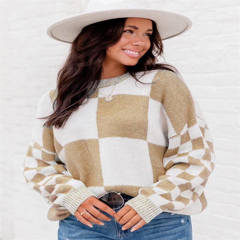 Thickened Pullover Women European And American Leisure Plaid Block Stitching Long Sleeve Sweater Women.