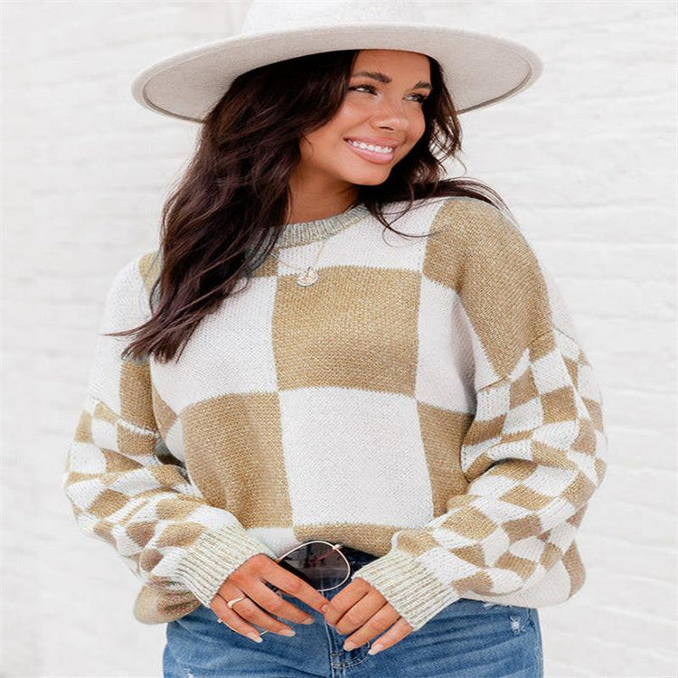Thickened Pullover Women European And American Leisure Plaid Block Stitching Long Sleeve Sweater Women.