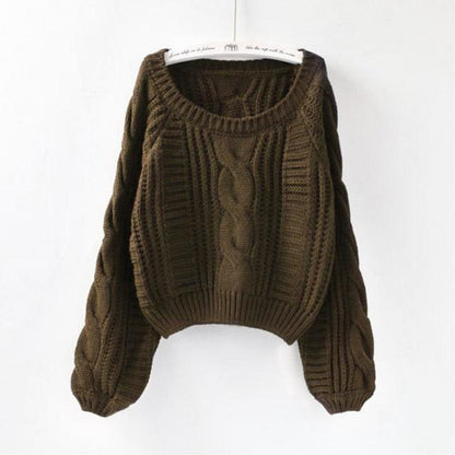 Pullover Loose Thick Line Short Puff Sleeve Sweater.
