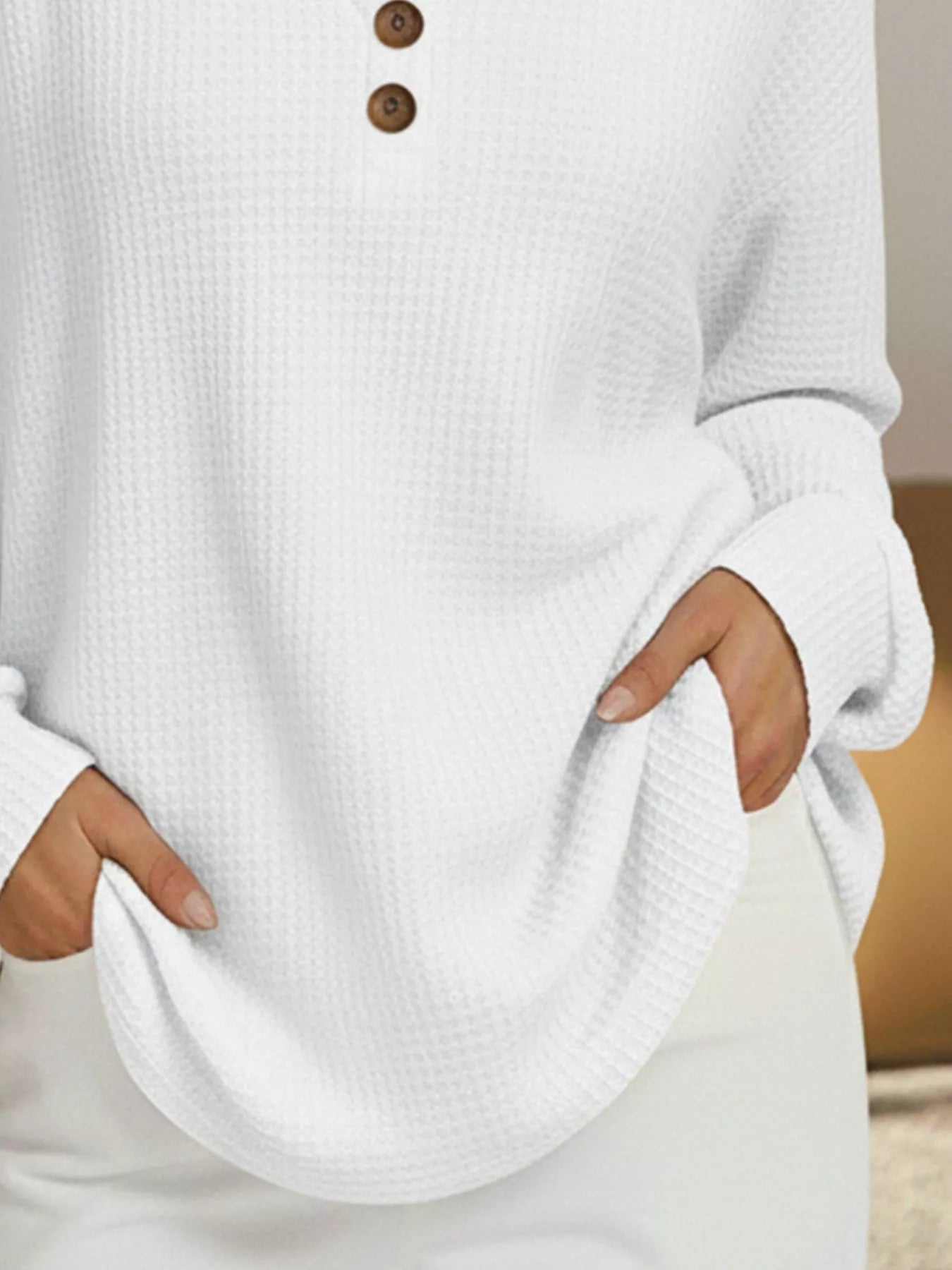 Plus size waffle knit sweater offering comfort and style for all body types, perfect for casual wear.