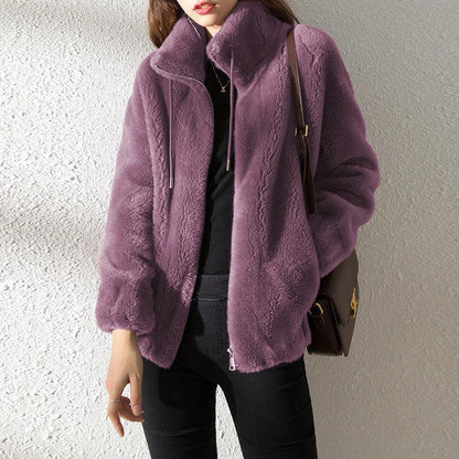 Double Faced Fleece Warm High Neck Sweater Women Cardigan.