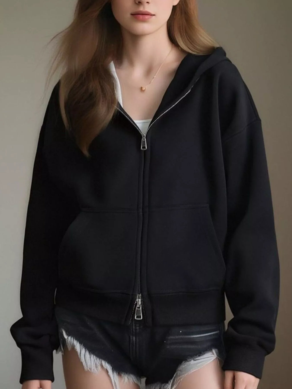 Plus size zip-up hoodie designed for comfort and style, perfect for casual wear and layering