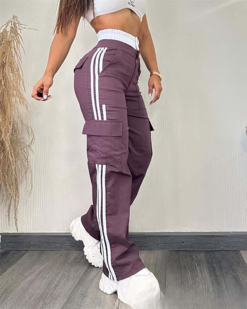 Partial Contrast Color Double Waist Leisure Sports Ribbon Wide-leg Overalls.