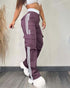 Partial Contrast Color Double Waist Leisure Sports Ribbon Wide-leg Overalls.