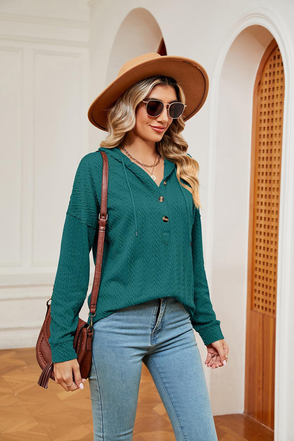 Half-Button Dropped Shoulder Hoodie.