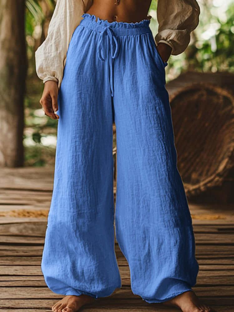 Fashion Casual Loose Artistic Pocket Drawstring Elastic Waist Wide Leg Pants.