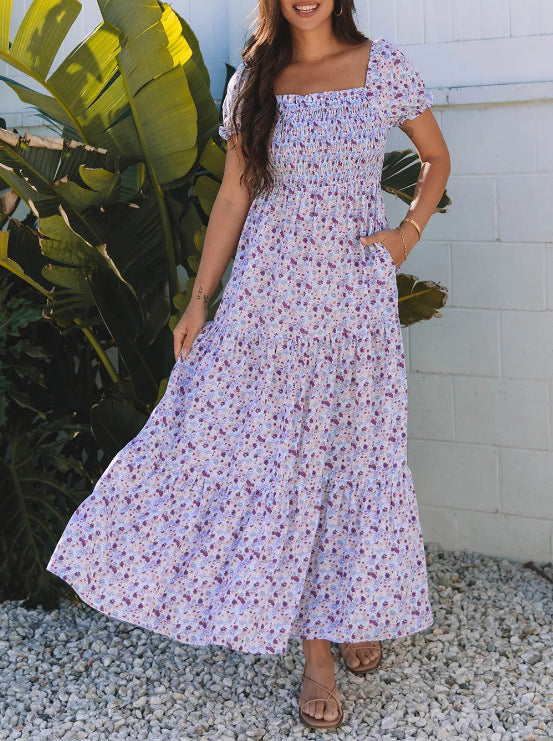 Fashion Smocking Printed Pocket Women's Dress