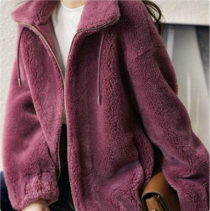 Double Faced Fleece Warm High Neck Sweater Women Cardigan.
