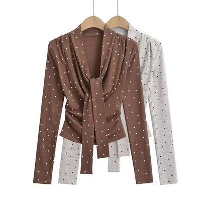 Women's Polka Dot Print Swing Collar Lace-up Long Sleeve