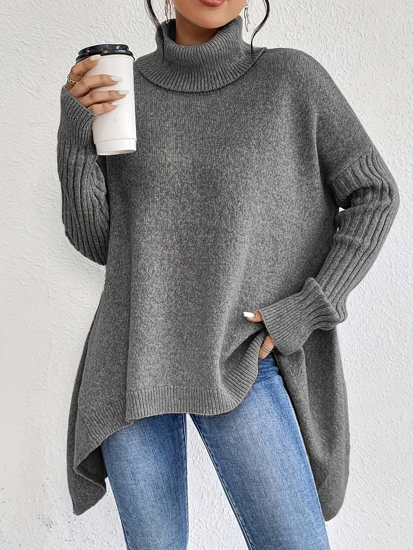 Irregular Turtleneck Sweater Winter Loose Long Sleeve Knitted Tops Leisure Warm Pullover Sweater Women&