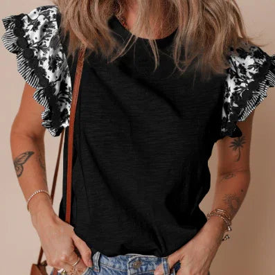 Black Ricrac Trim Printed Flutter Sleeve Contrast Patchwork Blouse