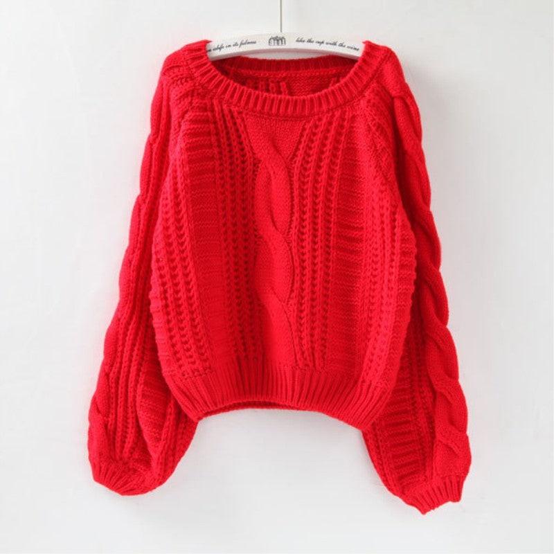 Pullover Loose Thick Line Short Puff Sleeve Sweater.