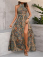 Women Print Maxi Dress High Waisted Cross Halter Neck With Tie Detail,Flowing Vacation Gown In Teal, Blue-Green & Brown Paisley   Pattern, Machine Washable, Summer Fashion Decorative Tie Detail