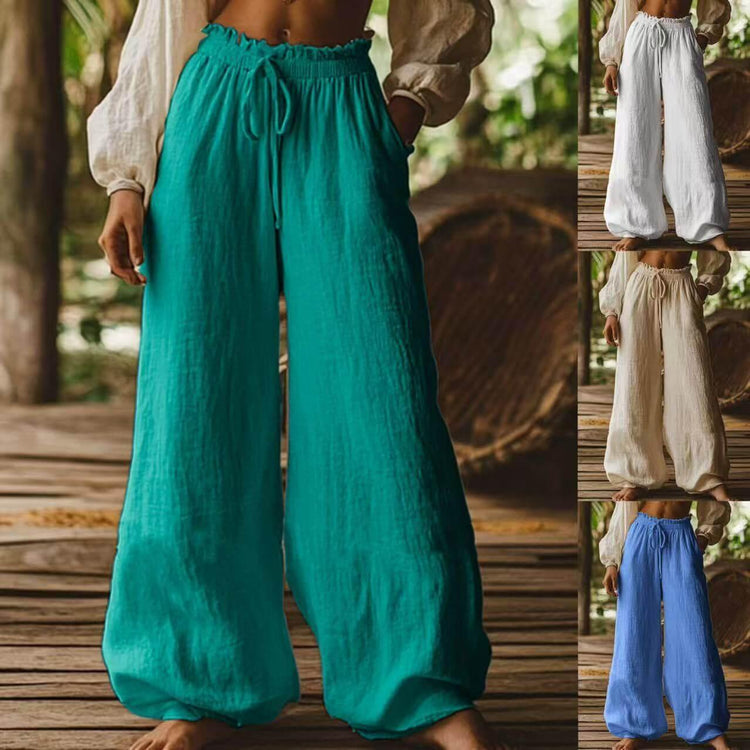 Fashion Casual Loose Artistic Pocket Drawstring Elastic Waist Wide Leg Pants.