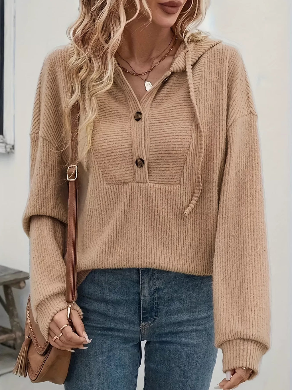 Button-Front Drawstring Hoodie.