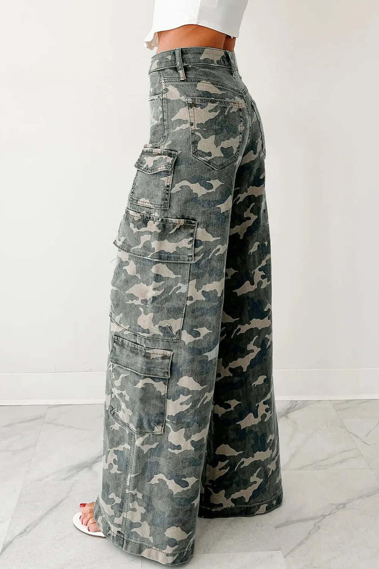 Stylish green camo denim cargo pants showcasing rugged durability and contemporary urban fashion.