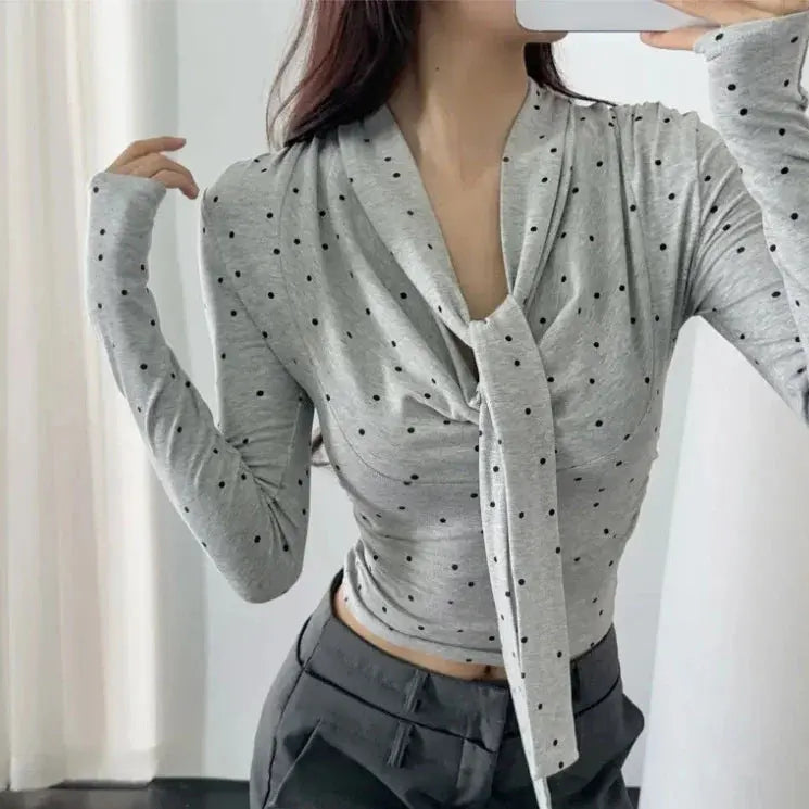 Women's Polka Dot Print Swing Collar Lace-up Long Sleeve