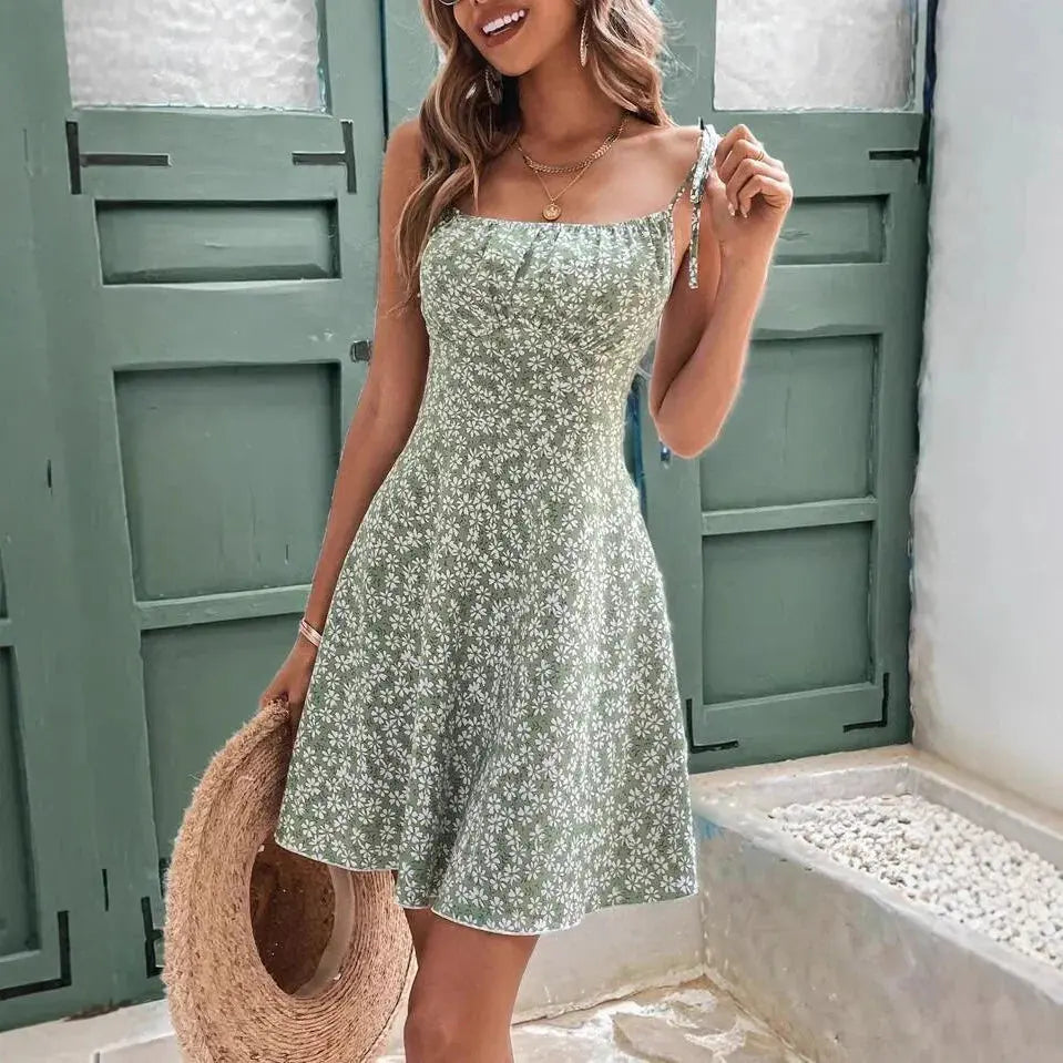 Green Floral Spaghetti Strap Summer Dress – Lightweight Sleeveless Beach Dress for Women
