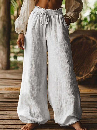 Fashion Casual Loose Artistic Pocket Drawstring Elastic Waist Wide Leg Pants.