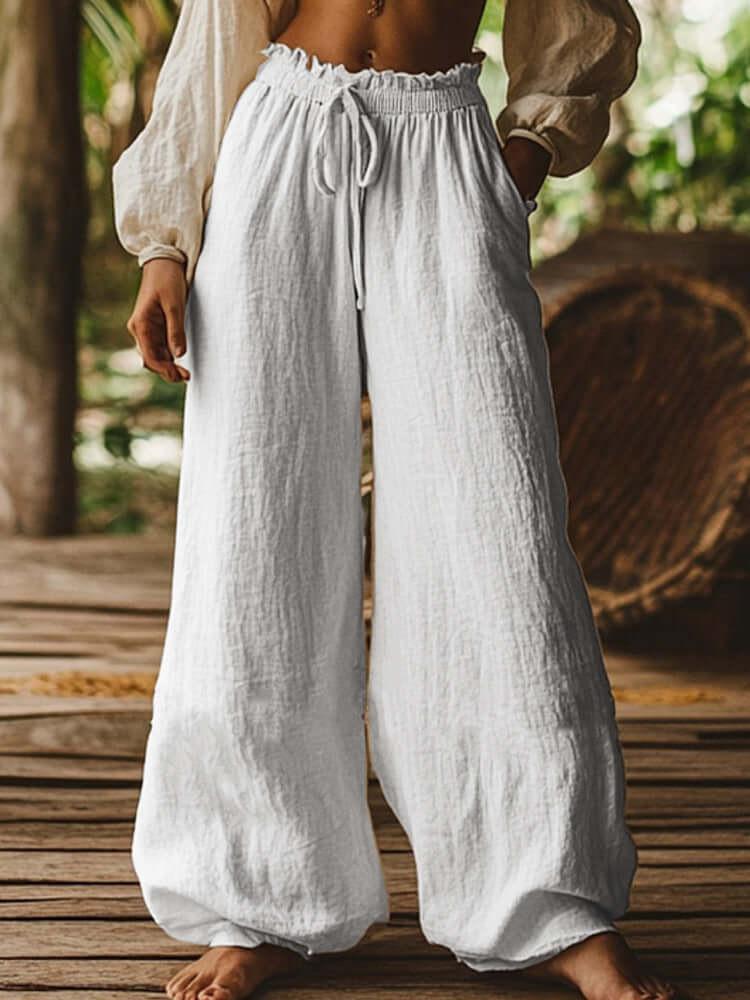 Fashion Casual Loose Artistic Pocket Drawstring Elastic Waist Wide Leg Pants.