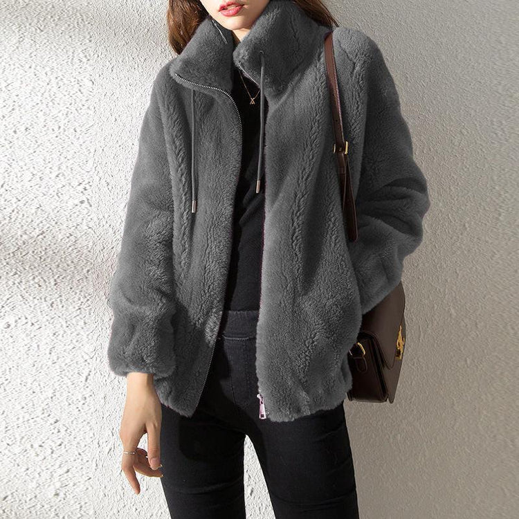 Double Faced Fleece Warm High Neck Sweater Women Cardigan.