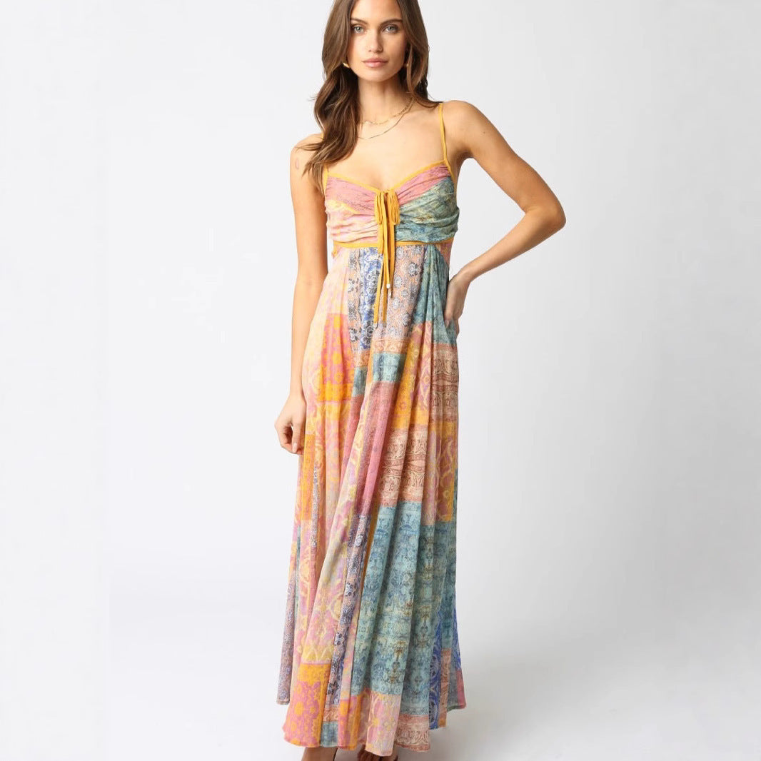V-neck Printed Lace-up Loose Sleeveless Sling Dress