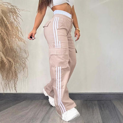 Partial Contrast Color Double Waist Leisure Sports Ribbon Wide-leg Overalls.